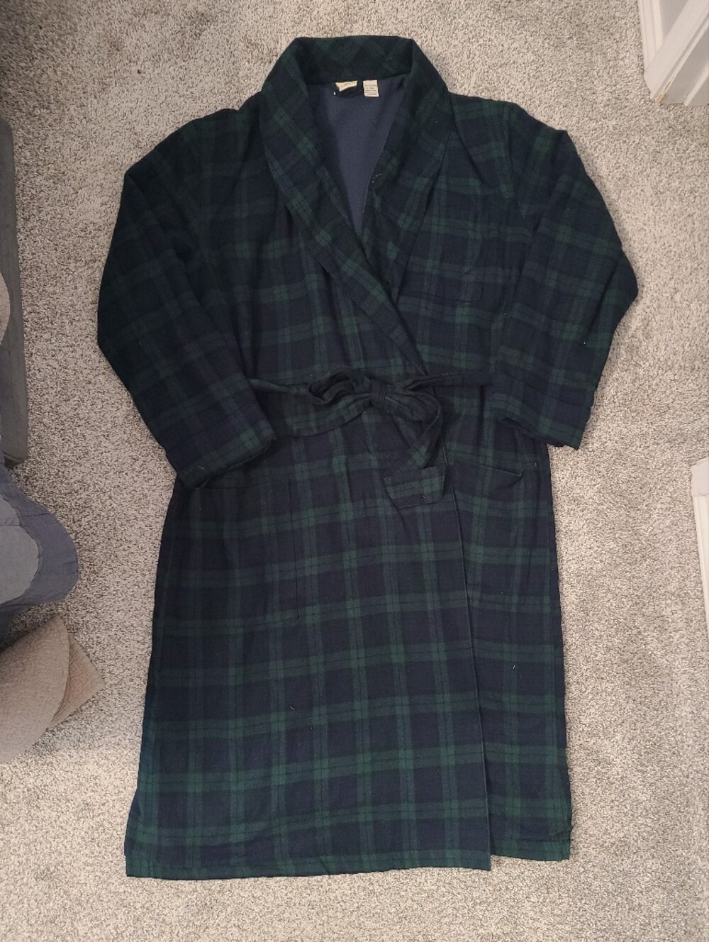 Ll Bean Navy Green Plaid Flannel Fleece Lined Shawl Collar Tie Front Robe Size L